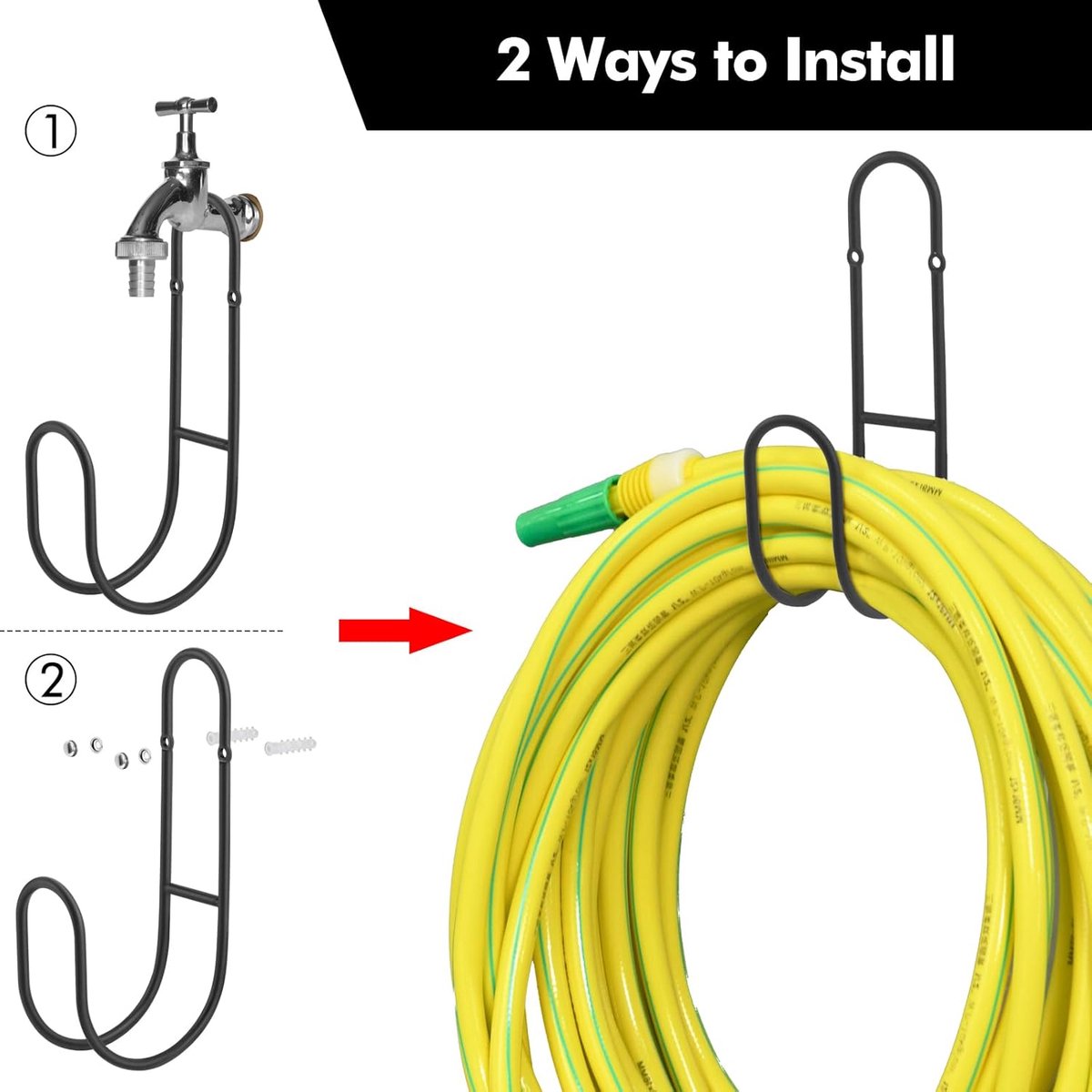 Garden Hose Hanging System - Wall Mount for Neat Storage - Stainless Steel Frame - Black - Image 5