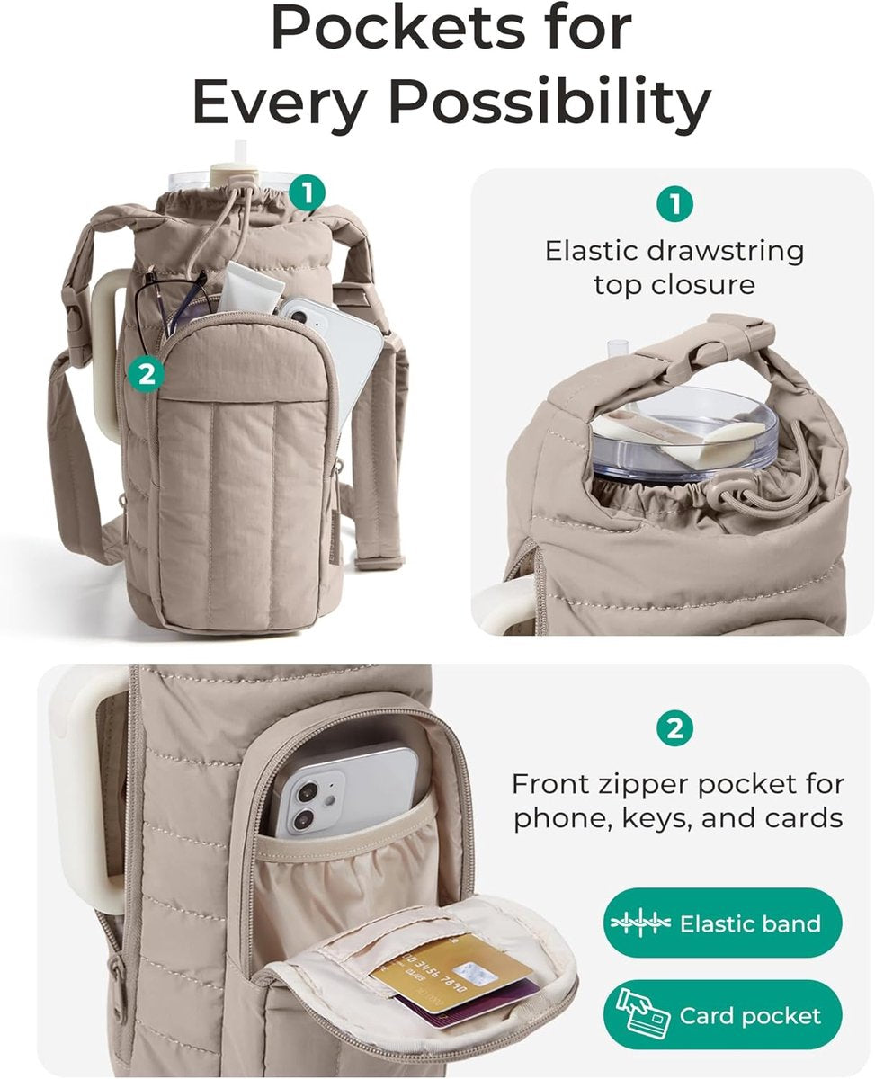 Handbag - Bottle Holder - Suitable for 950ml/1200ml water bottles - With shoulder strap and phone pocket - Unisex - The perfect companion for hiking and camping trips (Light Pink) - Image 3