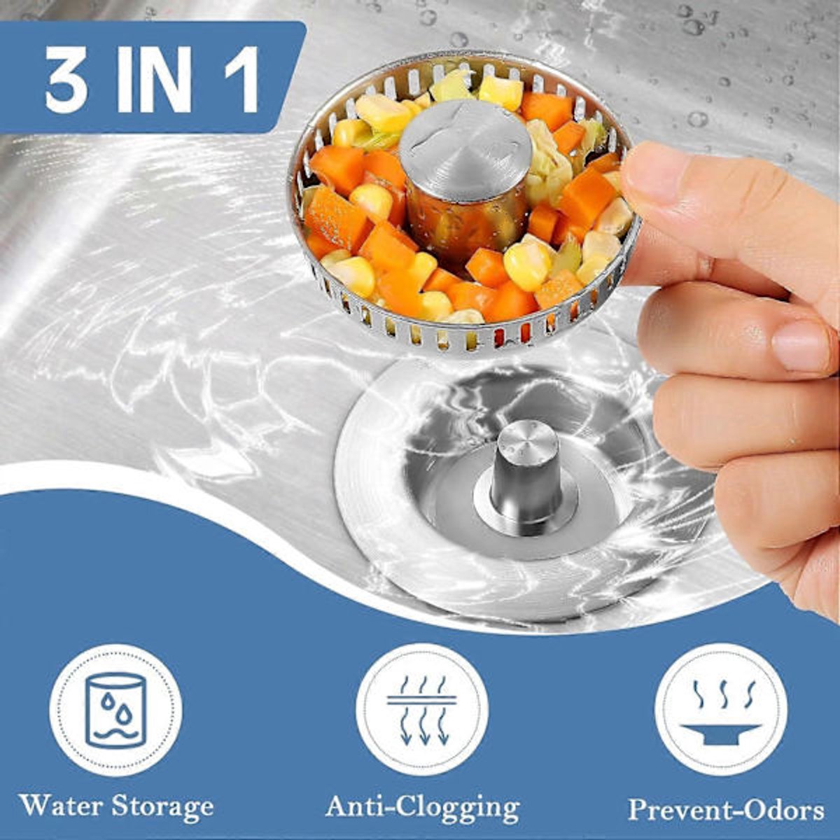 Sink Drain Strainer - 3-in-1 - Stainless Steel - Collapsible Sink Stopper - Strainer - Silver - Image 4