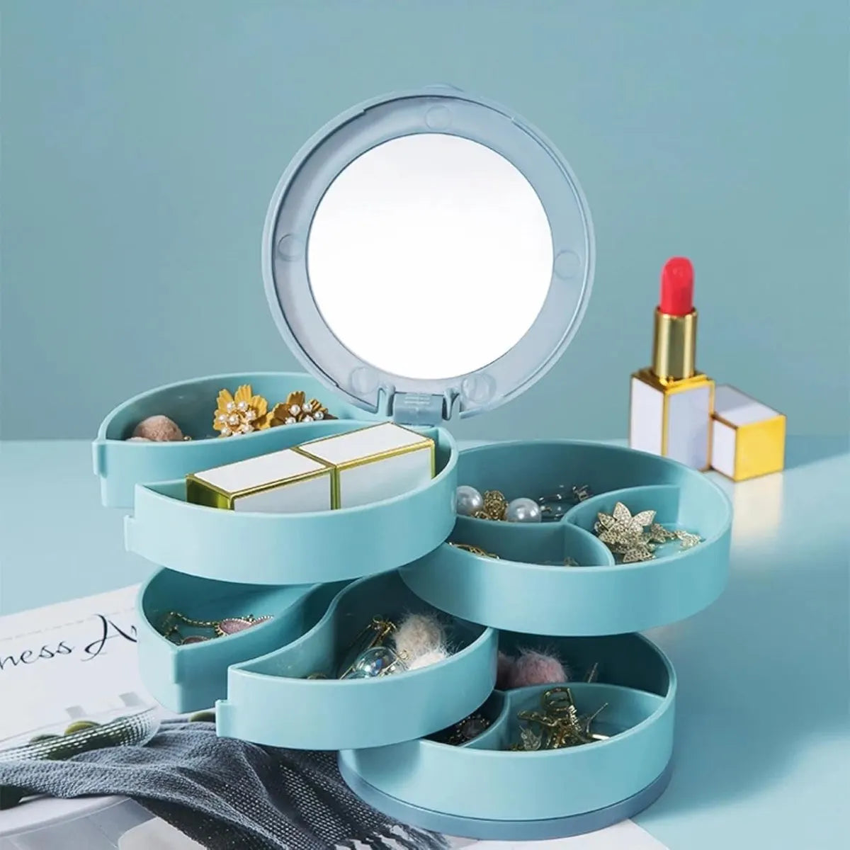 Jewelry Box - Foldable Storage Box - Rotating Jewelry Box with Multiple Layers - Elegant Storage Box for Earrings - Dust-free and Compact - Suitable for Earrings and Jewelry (Blue)