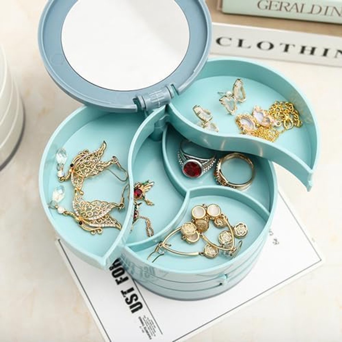 Jewelry Box - Foldable Storage Box - Rotating Jewelry Box with Multiple Layers - Elegant Storage Box for Earrings - Dust-free and Compact - Suitable for Earrings and Jewelry (Blue) - Image 2