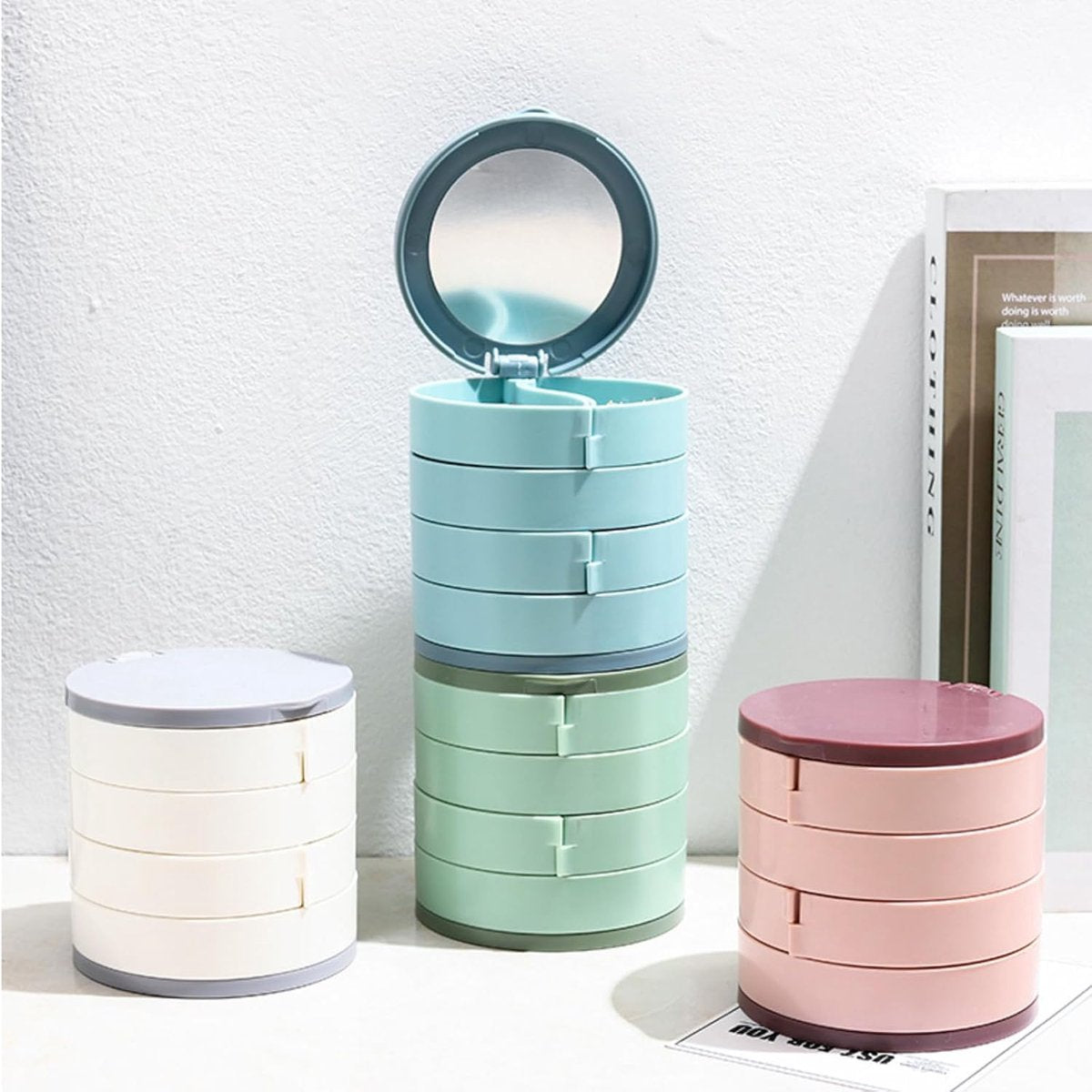 Jewelry Box - Foldable Storage Box - Rotating Jewelry Box with Multiple Layers - Elegant Storage Box for Earrings - Dust-free and Compact - Suitable for Earrings and Jewelry (Blue) - Image 3