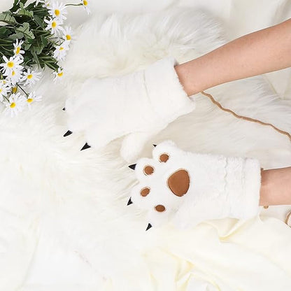 Gloves - 1 pair - Winter gloves - Cartoon gloves - Neckband - Children's gloves - Warm gloves - Plush gloves - One size（White） - Image 2