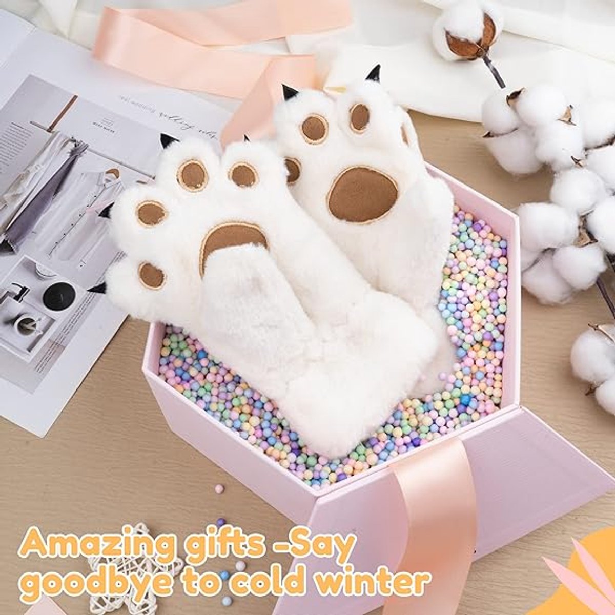 Gloves - 1 pair - Winter gloves - Cartoon gloves - Neckband - Children's gloves - Warm gloves - Plush gloves - One size（White） - Image 4