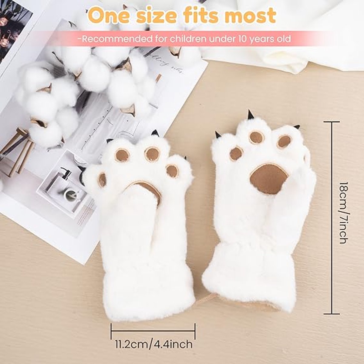 Gloves - 1 pair - Winter gloves - Cartoon gloves - Neckband - Children's gloves - Warm gloves - Plush gloves - One size（White） - Image 5