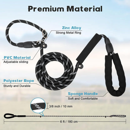 1.8m Long Dog Training Leash - Durable, tension-free polyester dog leash with two padded handles and reflective thread - For small and medium-sized dogs - Black - Image 2
