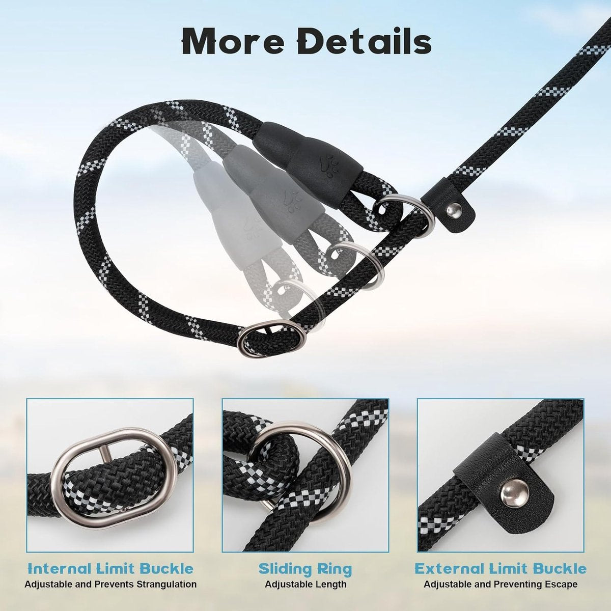 1.8m Long Dog Training Leash - Durable, tension-free polyester dog leash with two padded handles and reflective thread - For small and medium-sized dogs - Black - Image 3