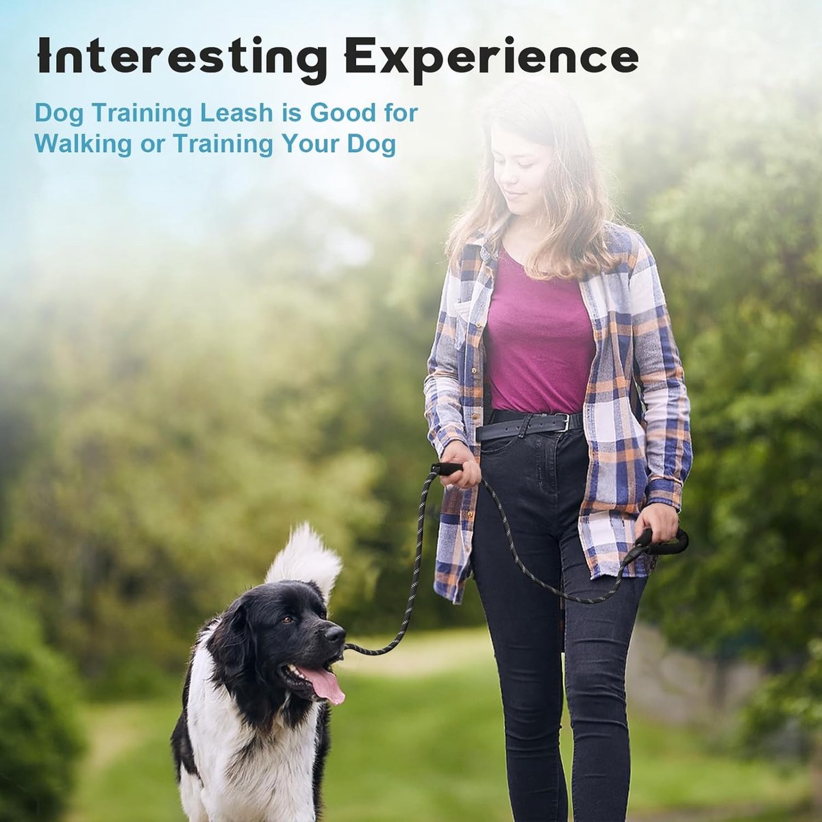 1.8m Long Dog Training Leash - Durable, tension-free polyester dog leash with two padded handles and reflective thread - For small and medium-sized dogs - Black - Image 4