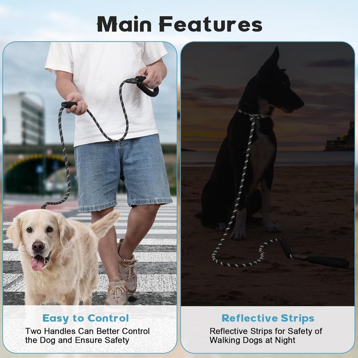1.8m Long Dog Training Leash - Durable, tension-free polyester dog leash with two padded handles and reflective thread - For small and medium-sized dogs - Black - Image 5