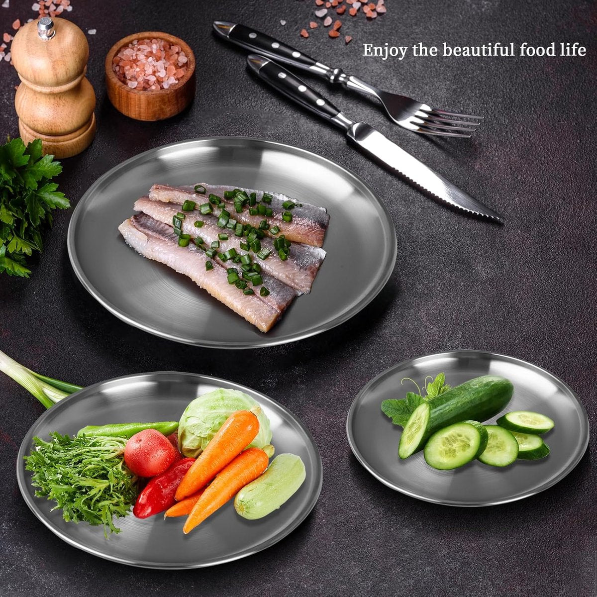 Dinner Plates - 3-Piece - Stainless Steel Plates - 20cm, 23cm, 26cm - Matte Finish - Reusable - Suitable for outdoor use, picnics, kitchens, and parties - Image 6