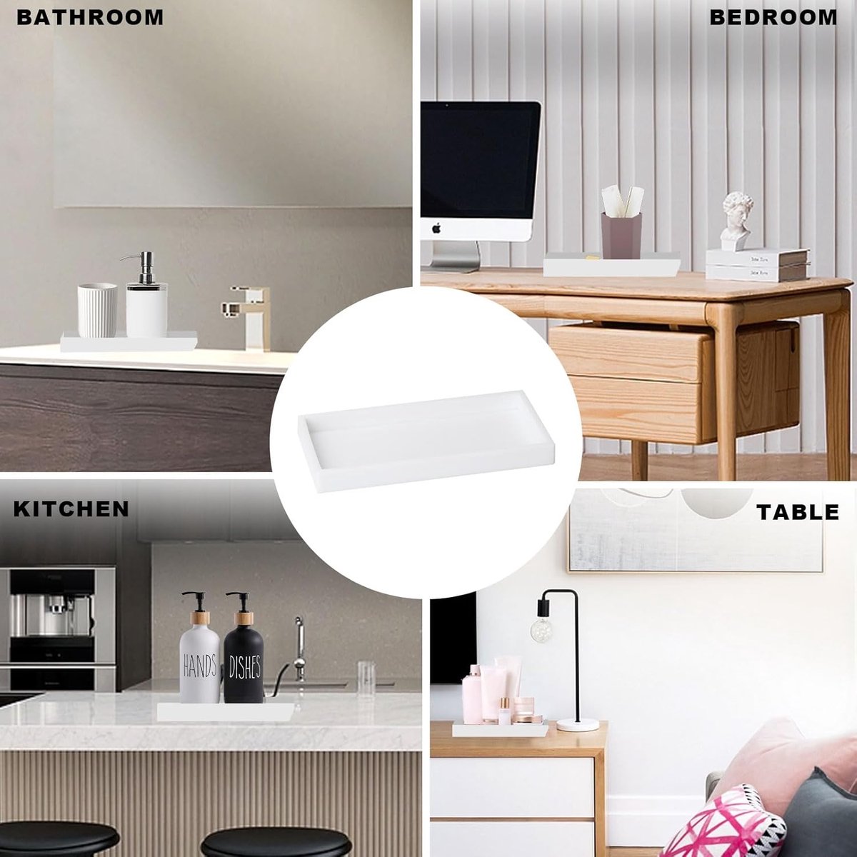 Tray - Two-piece set - Dressing table tray - Bathroom storage tray - Cosmetics storage tray - Bathroom storage box - Suitable for storing candles, soap, towels, perfume, etc. - White - 20x10x1.8 cm - Image 6