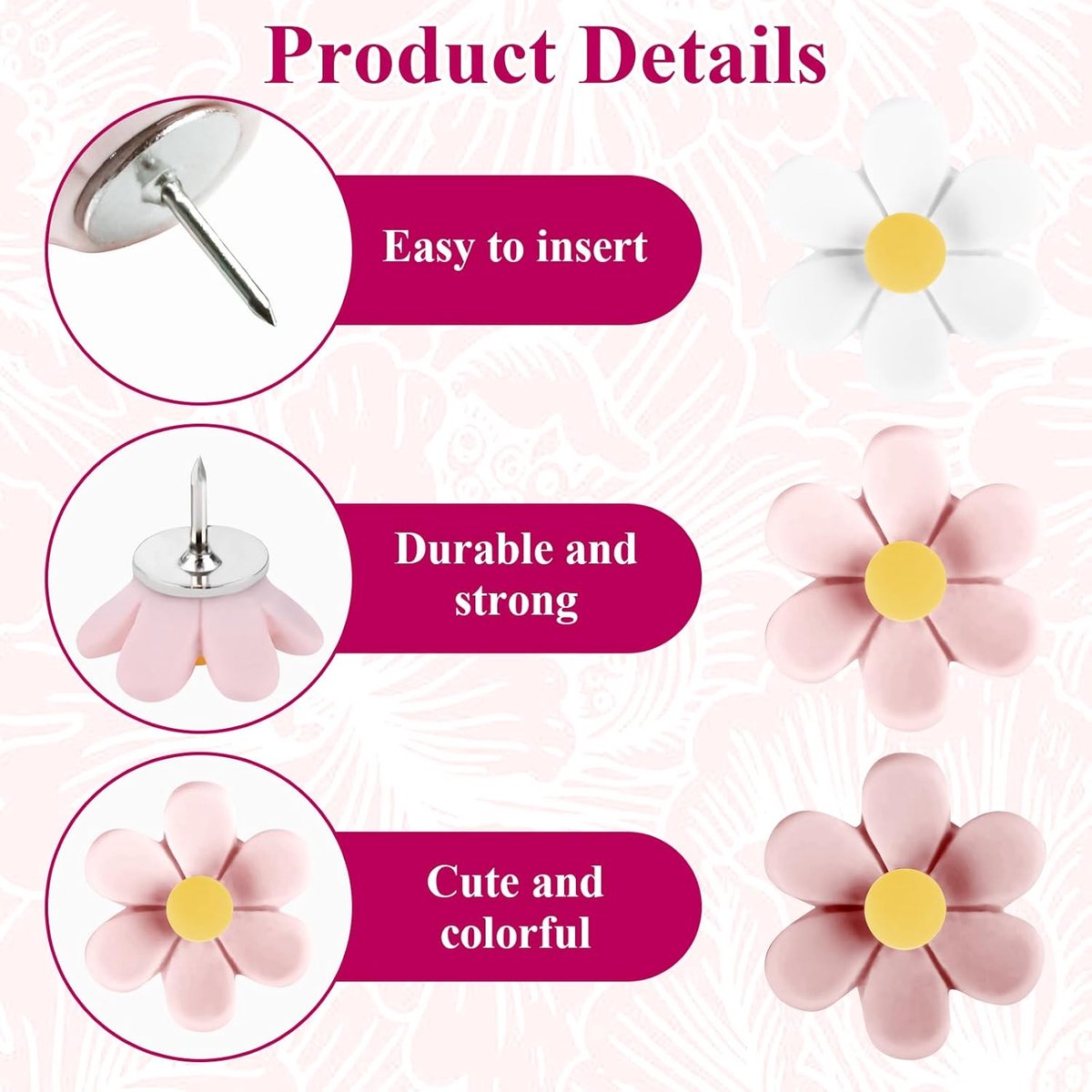 Push Pins - 30 pieces - Flower-shaped push pins - Flower pins for notice boards - Pin board pins - Decorative push pins - Suitable for notice boards, offices, schools and home use. - Image 2