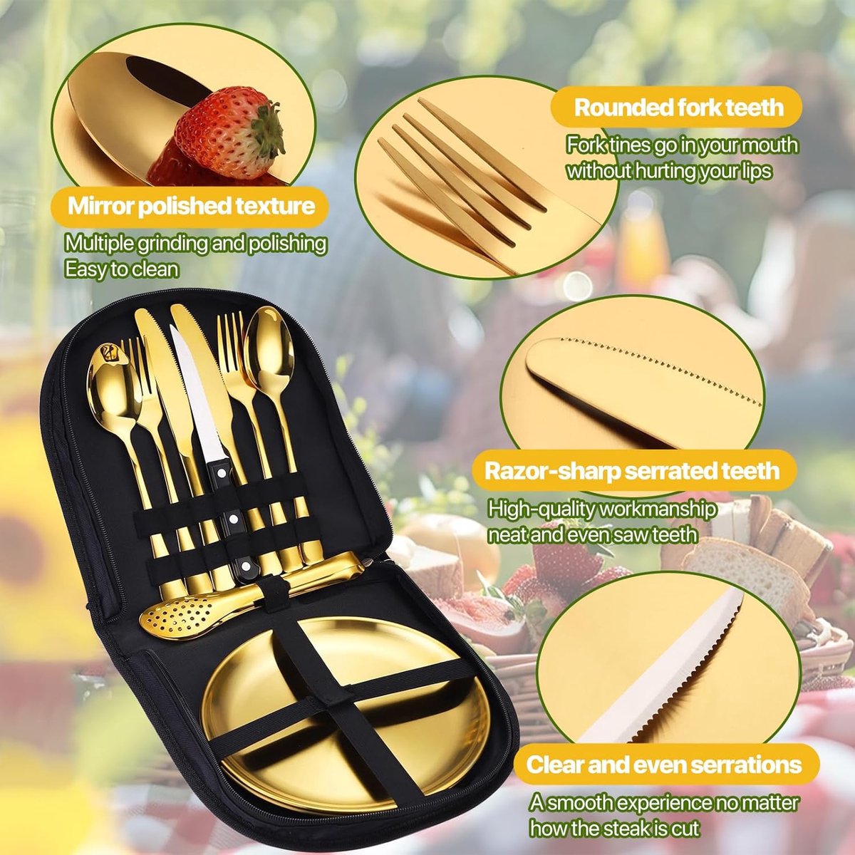 2 Person Cutlery Set (10-piece) - Camping Set for 2 People - Spoons, Knives, Forks, Steak Knives - 10 Pieces Stainless Steel Cutlery - Including Carrying Bag - For Picnic & Travel - Gold - Image 2