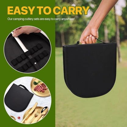 2 Person Cutlery Set (10-piece) - Camping Set for 2 People - Spoons, Knives, Forks, Steak Knives - 10 Pieces Stainless Steel Cutlery - Including Carrying Bag - For Picnic & Travel - Gold - Image 3