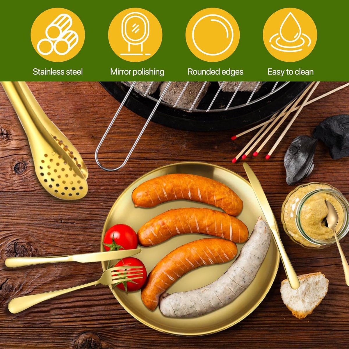 2 Person Cutlery Set (10-piece) - Camping Set for 2 People - Spoons, Knives, Forks, Steak Knives - 10 Pieces Stainless Steel Cutlery - Including Carrying Bag - For Picnic & Travel - Gold - Image 4