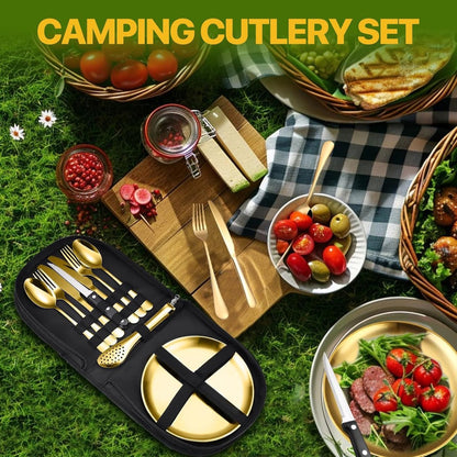 2 Person Cutlery Set (10-piece) - Camping Set for 2 People - Spoons, Knives, Forks, Steak Knives - 10 Pieces Stainless Steel Cutlery - Including Carrying Bag - For Picnic & Travel - Gold - Image 5