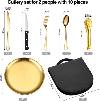2 Person Cutlery Set (10-piece) - Camping Set for 2 People - Spoons, Knives, Forks, Steak Knives - 10 Pieces Stainless Steel Cutlery - Including Carrying Bag - For Picnic & Travel - Gold - Image 6