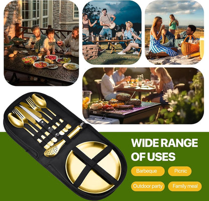2 Person Cutlery Set (10-piece) - Camping Set for 2 People - Spoons, Knives, Forks, Steak Knives - 10 Pieces Stainless Steel Cutlery - Including Carrying Bag - For Picnic & Travel - Gold - Image 7