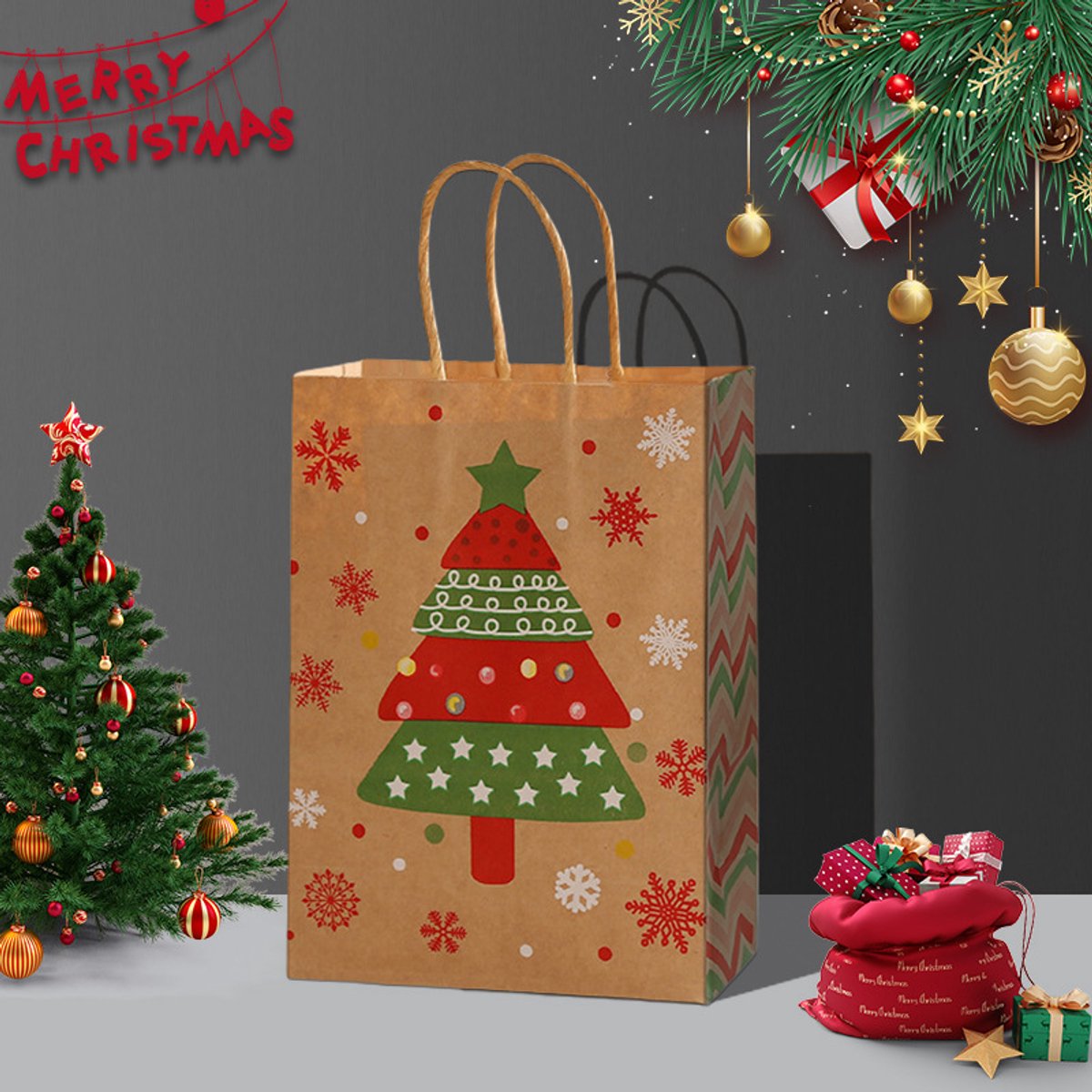 Gift Bags - 8 pieces - Christmas gift bags - Paper gift bags - Christmas gift bags - Kraft paper bags - Suitable for Christmas Eve and Christmas gift wrapping - Image 3
