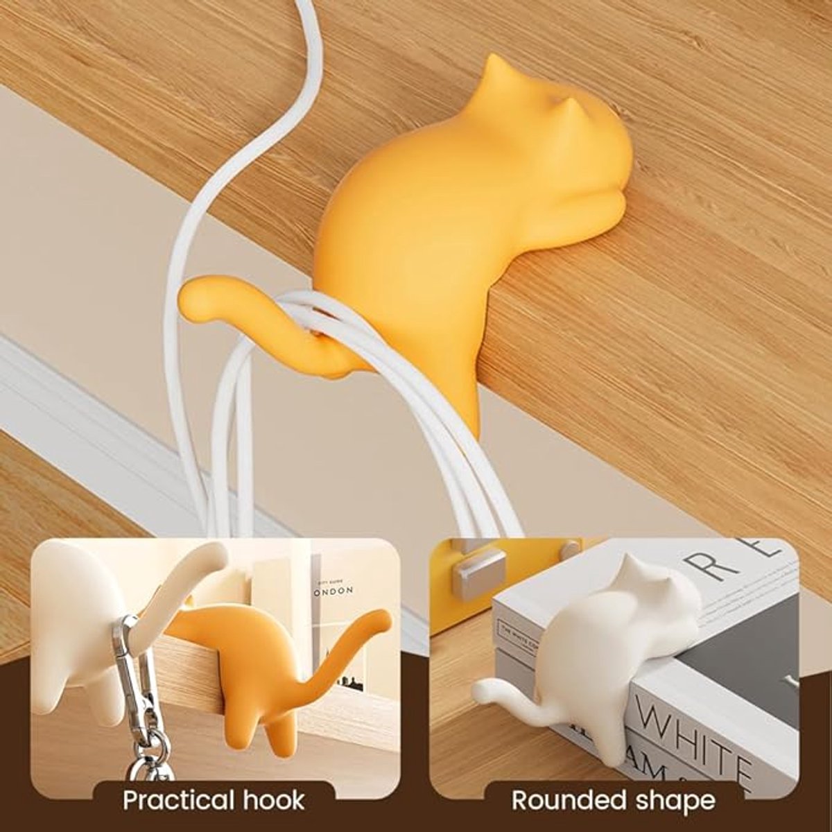 Hooks - 4-Pack - Cat Shape - Backpack Hooks - Non-Slip Hooks - No Drilling Required - Compact and Portable - Suitable for office, home, etc., and can also be used for home decoration. (Black + Off-White + Yellow + Pink) - Image 4