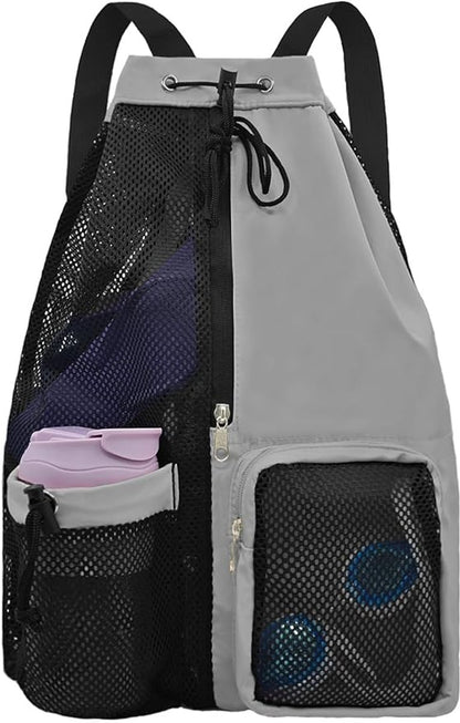 Backpack - Sports Bag - Travel Bag - Training Bag - Swimming Bag - 30*15*45cm - Mesh Material - Drawstring Design - Side Storage Space - Unisex - Suitable for Fitness, Swimming, Travel, Dancing, Camping（Gray）