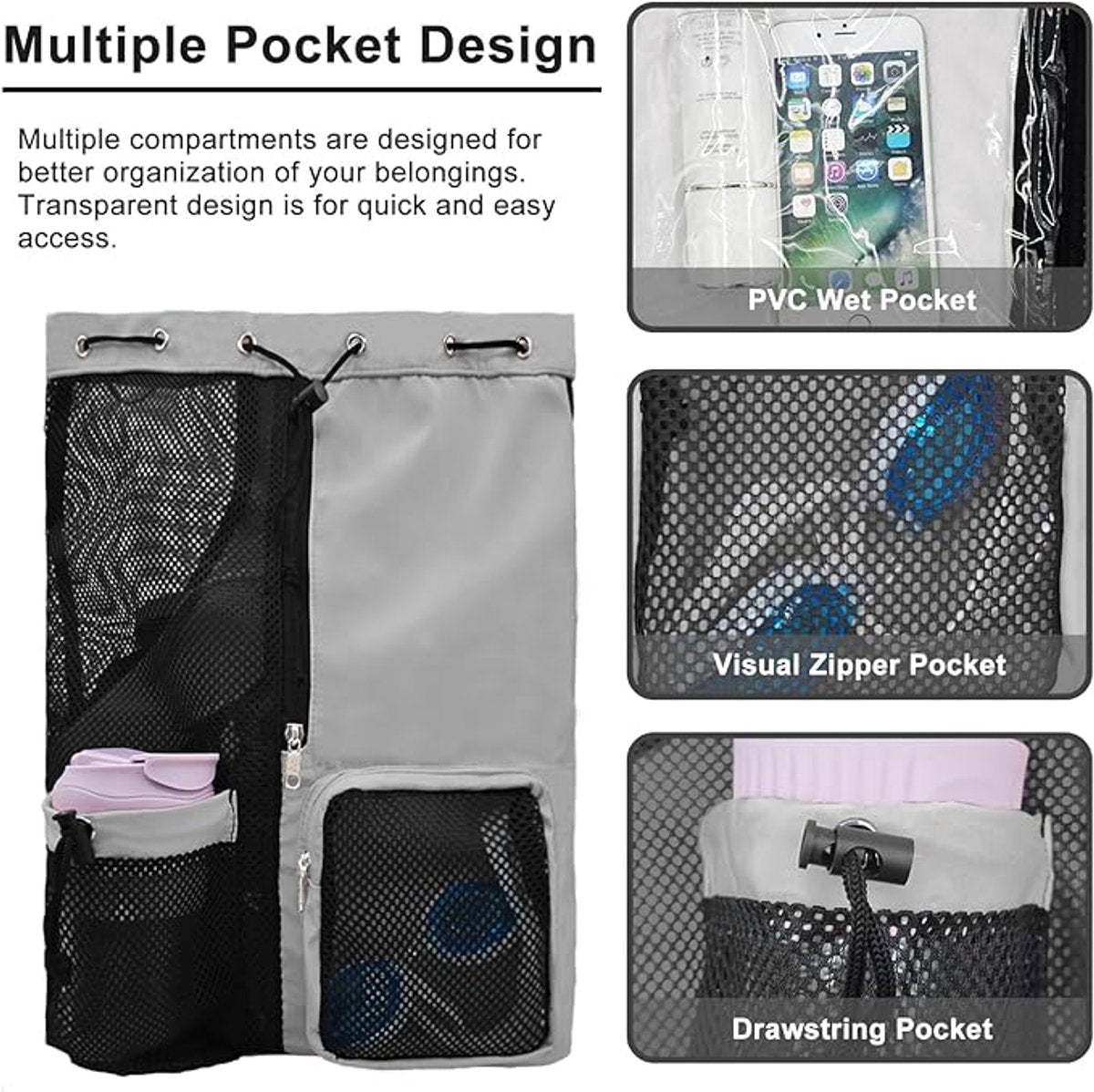 Backpack - Sports Bag - Travel Bag - Training Bag - Swimming Bag - 30*15*45cm - Mesh Material - Drawstring Design - Side Storage Space - Unisex - Suitable for Fitness, Swimming, Travel, Dancing, Camping（Gray） - Image 3