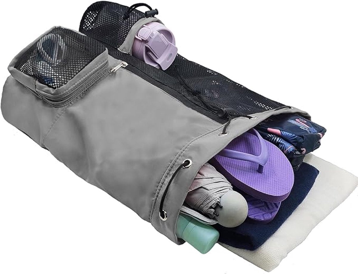 Backpack - Sports Bag - Travel Bag - Training Bag - Swimming Bag - 30*15*45cm - Mesh Material - Drawstring Design - Side Storage Space - Unisex - Suitable for Fitness, Swimming, Travel, Dancing, Camping（Gray） - Image 5