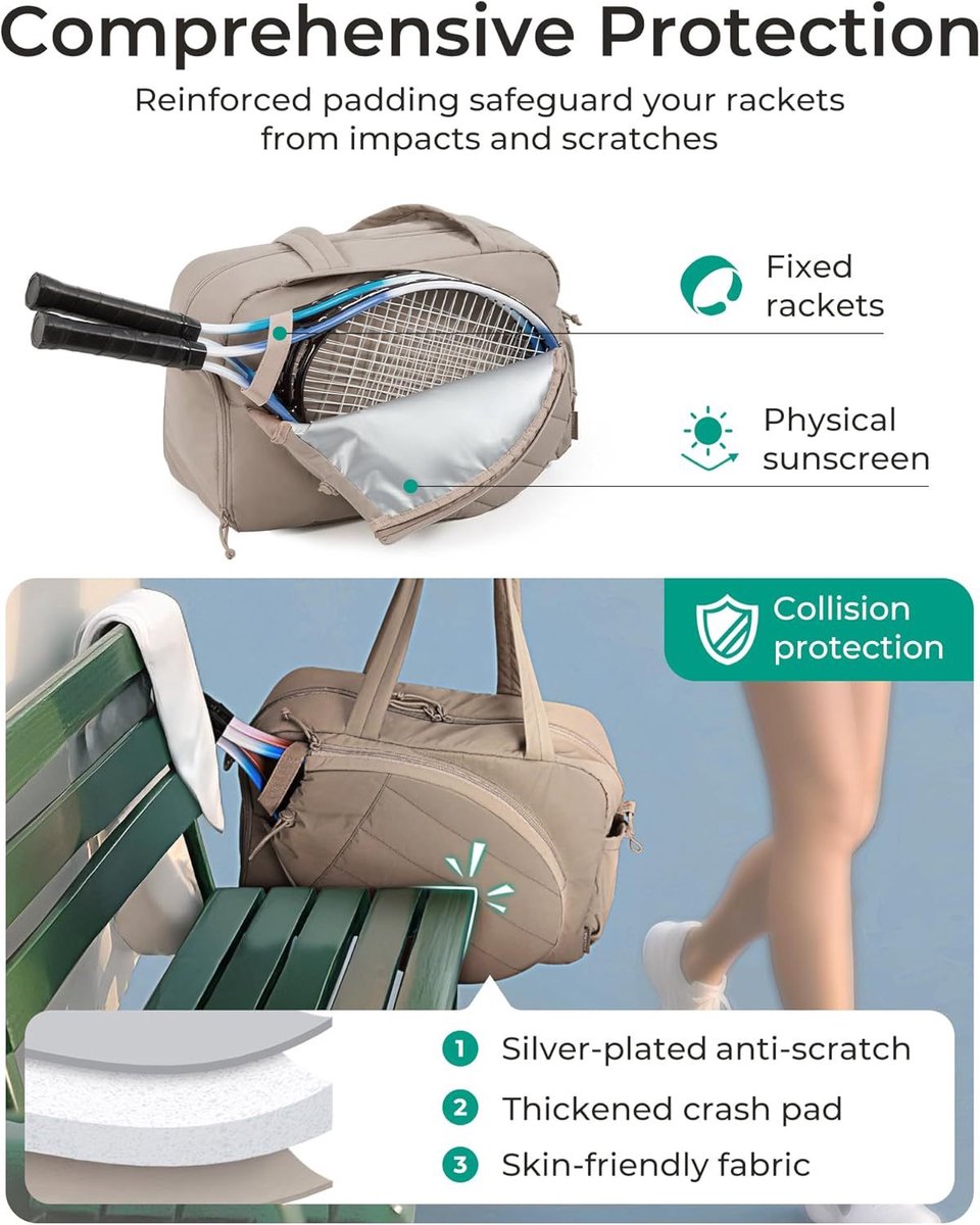 Tennis Bag - Tennis Backpack - 42L with Shoe Compartment - Sports Bag - Waterproof Racket Bag - Protective Racket Compartment - Portable as a Shoulder Bag - Camel - Image 4