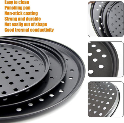Pizza Baking Pan Set - Pizza Stone Set - Pizza Platter | Pizza Baking Tray | Pizza Plate - Carbon Steel - With Ventilation Holes - Oven-Safe - Home | Kitchen | Dining Room (26cm & 28cm & 32cm) - Image 2