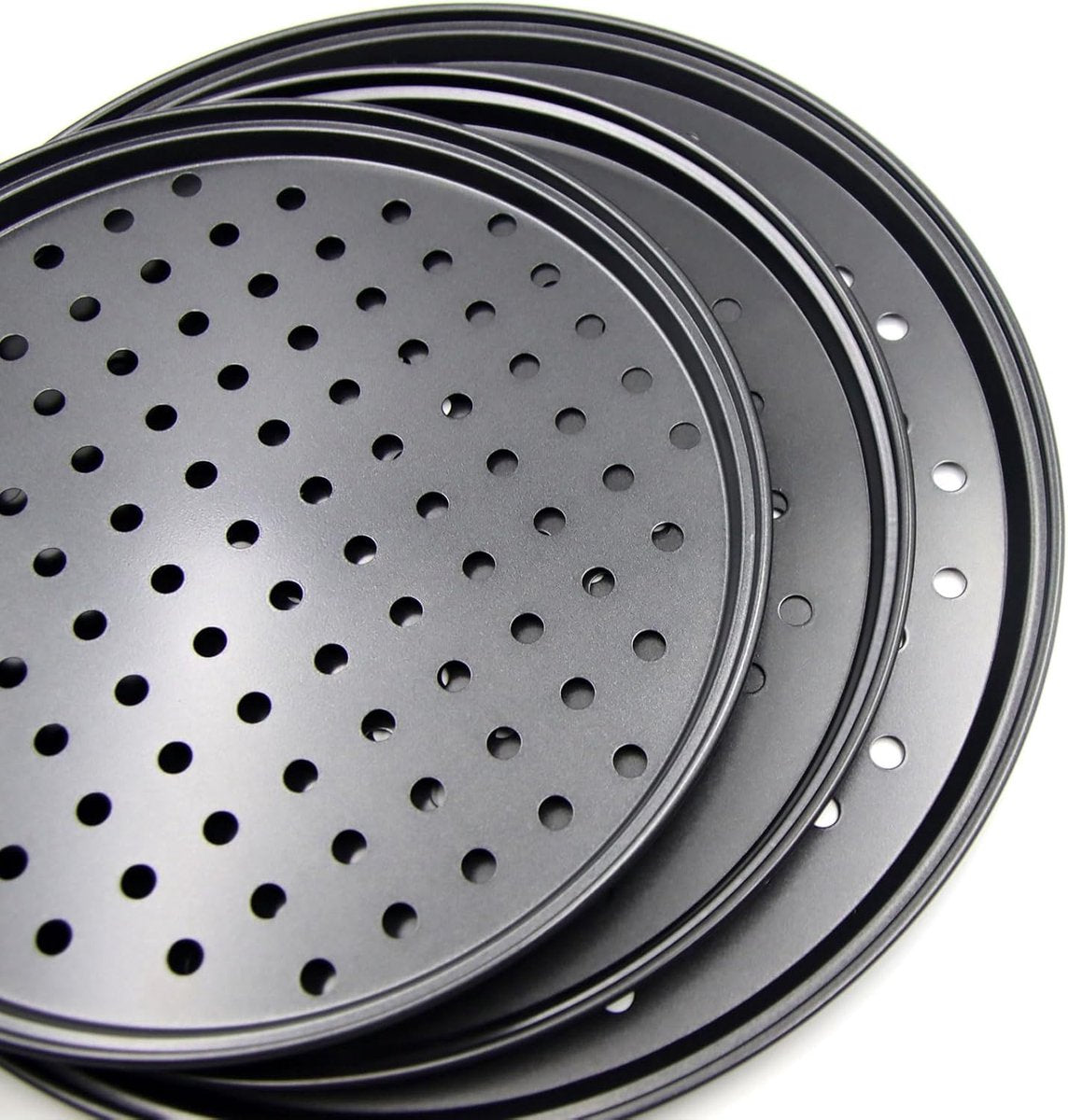 Pizza Baking Pan Set - Pizza Stone Set - Pizza Platter | Pizza Baking Tray | Pizza Plate - Carbon Steel - With Ventilation Holes - Oven-Safe - Home | Kitchen | Dining Room (26cm & 28cm & 32cm) - Image 3