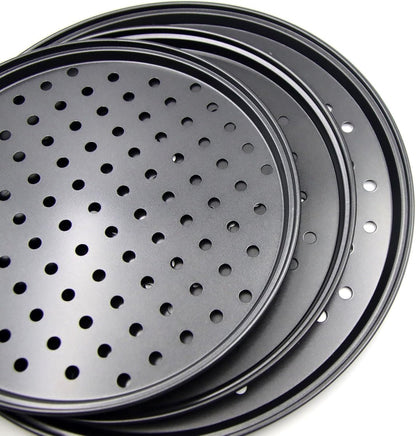 Pizza Baking Pan Set - Pizza Stone Set - Pizza Platter | Pizza Baking Tray | Pizza Plate - Carbon Steel - With Ventilation Holes - Oven-Safe - Home | Kitchen | Dining Room (26cm & 28cm & 32cm) - Image 3