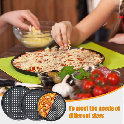 Pizza Baking Pan Set - Pizza Stone Set - Pizza Platter | Pizza Baking Tray | Pizza Plate - Carbon Steel - With Ventilation Holes - Oven-Safe - Home | Kitchen | Dining Room (26cm & 28cm & 32cm) - Image 5