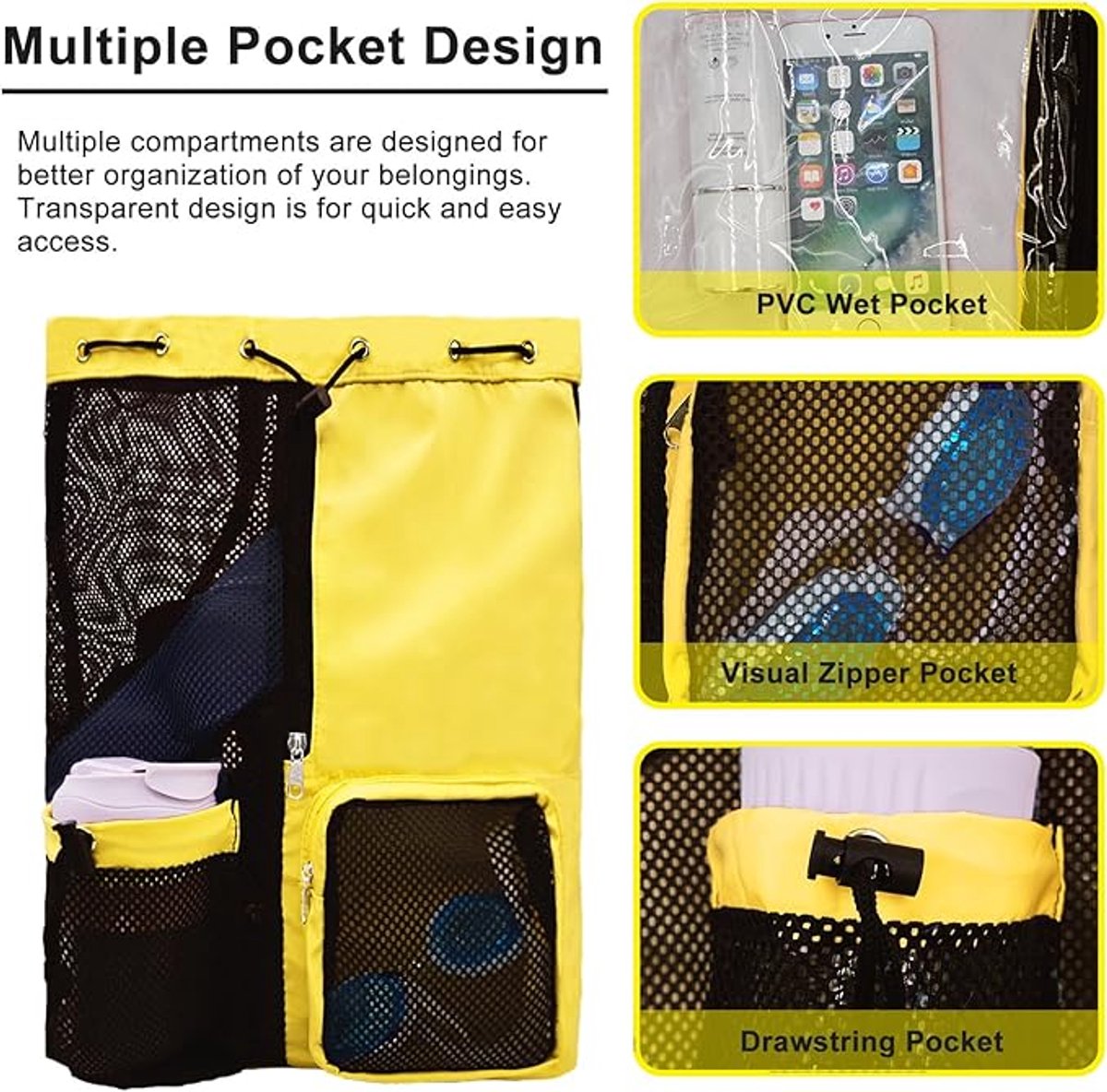 Backpack - Sports Bag - Travel Bag - Training Bag - Swimming Bag - 30*15*45cm - Mesh Material - Drawstring Design - Side Storage Space - Unisex - Suitable for Fitness, Swimming, Travel, Dancing, Camping（Yellow） - Image 3