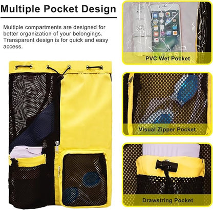 Backpack - Sports Bag - Travel Bag - Training Bag - Swimming Bag - 30*15*45cm - Mesh Material - Drawstring Design - Side Storage Space - Unisex - Suitable for Fitness, Swimming, Travel, Dancing, Camping（Yellow） - Image 3