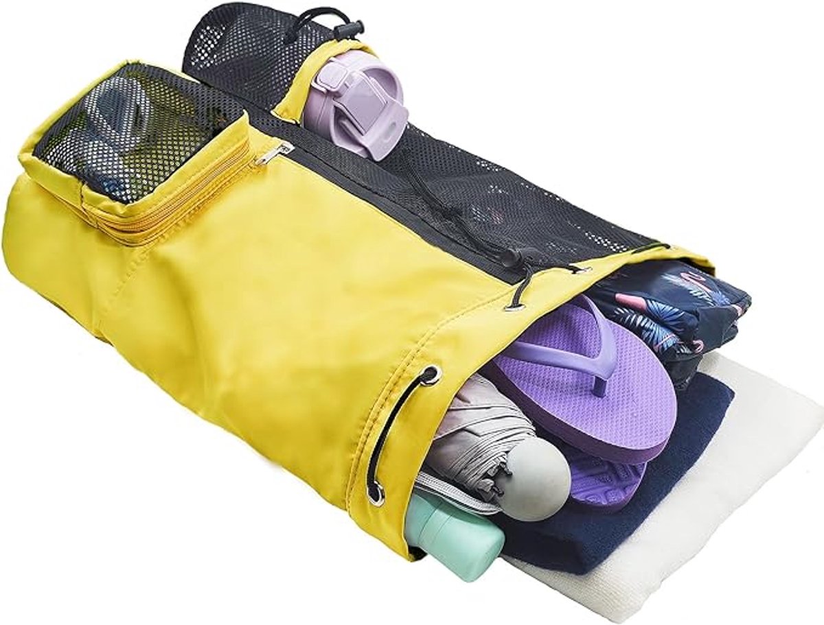 Backpack - Sports Bag - Travel Bag - Training Bag - Swimming Bag - 30*15*45cm - Mesh Material - Drawstring Design - Side Storage Space - Unisex - Suitable for Fitness, Swimming, Travel, Dancing, Camping（Yellow） - Image 5