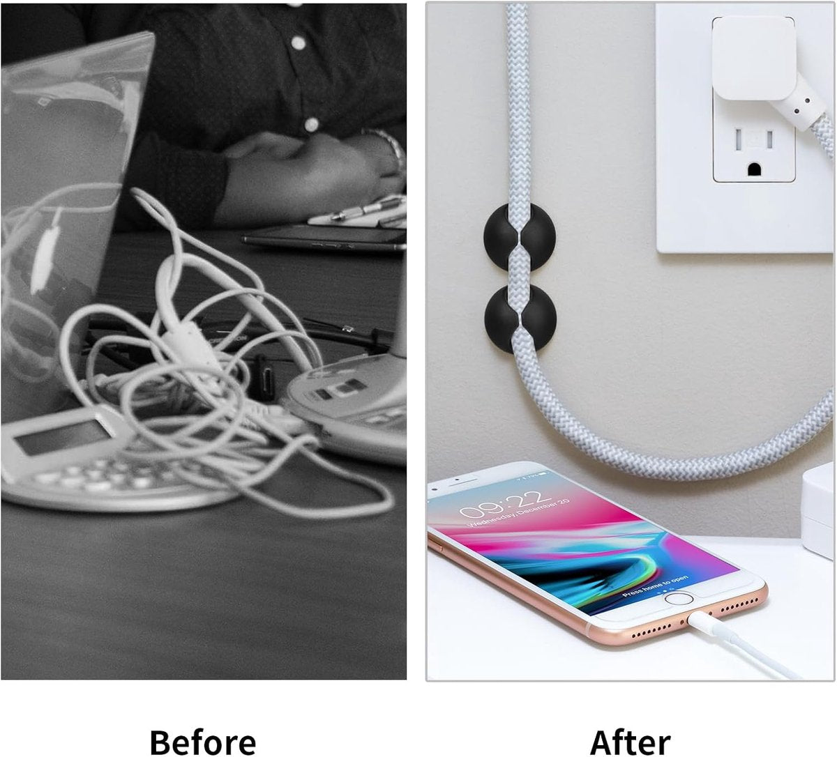 Pack of 12 Cable Clips - Black, Self-Adhesive Cable Organizer - Charger Holder - Cable Organizer - Suitable for bedside tables, desks, offices and for storing mice. - Image 5