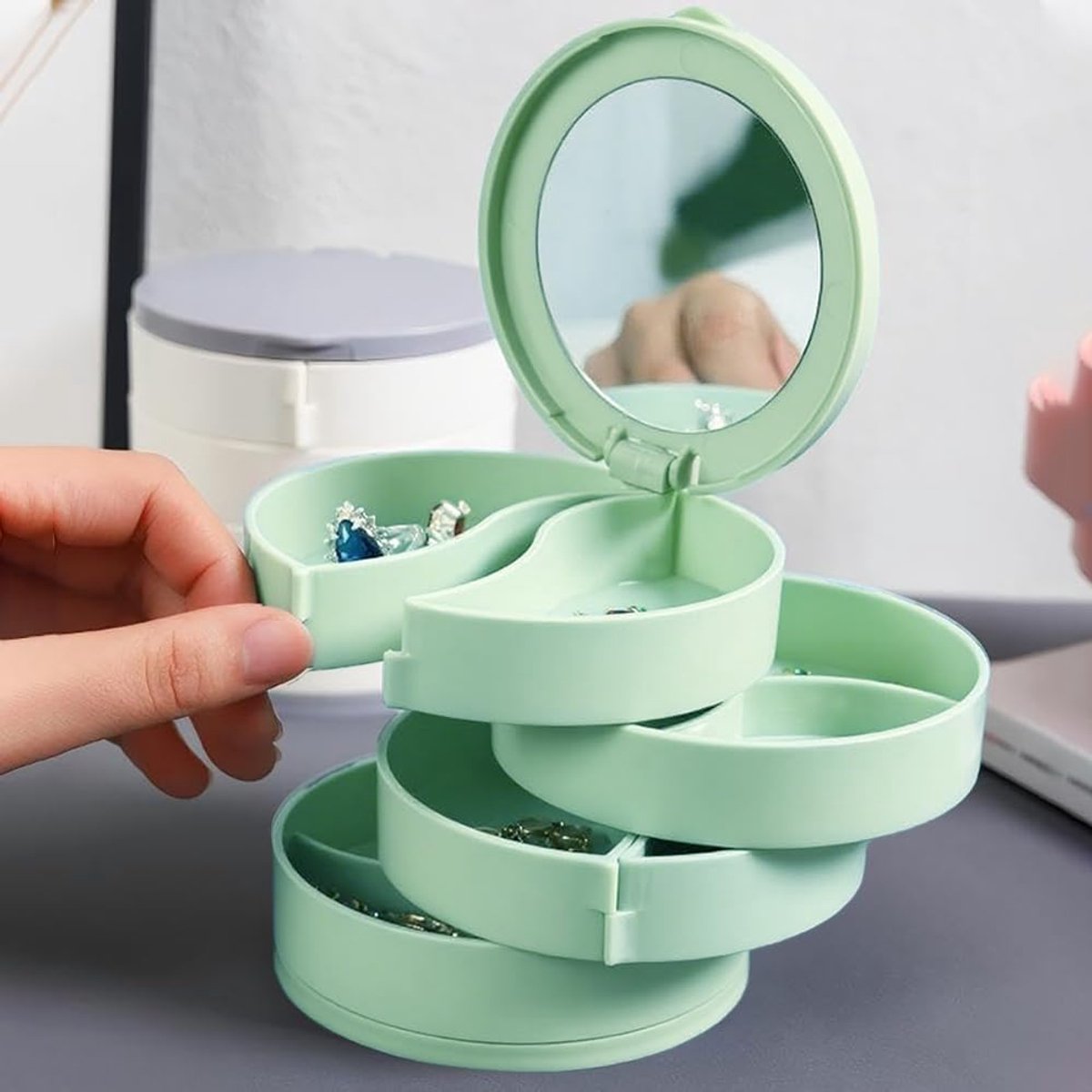 Jewelry Box - Foldable Storage Box - Rotating Jewelry Box with Multiple Layers - Elegant Storage Box for Earrings - Dust-free and Compact - Suitable for Earrings and Jewelry (Vegetable) - Image 2