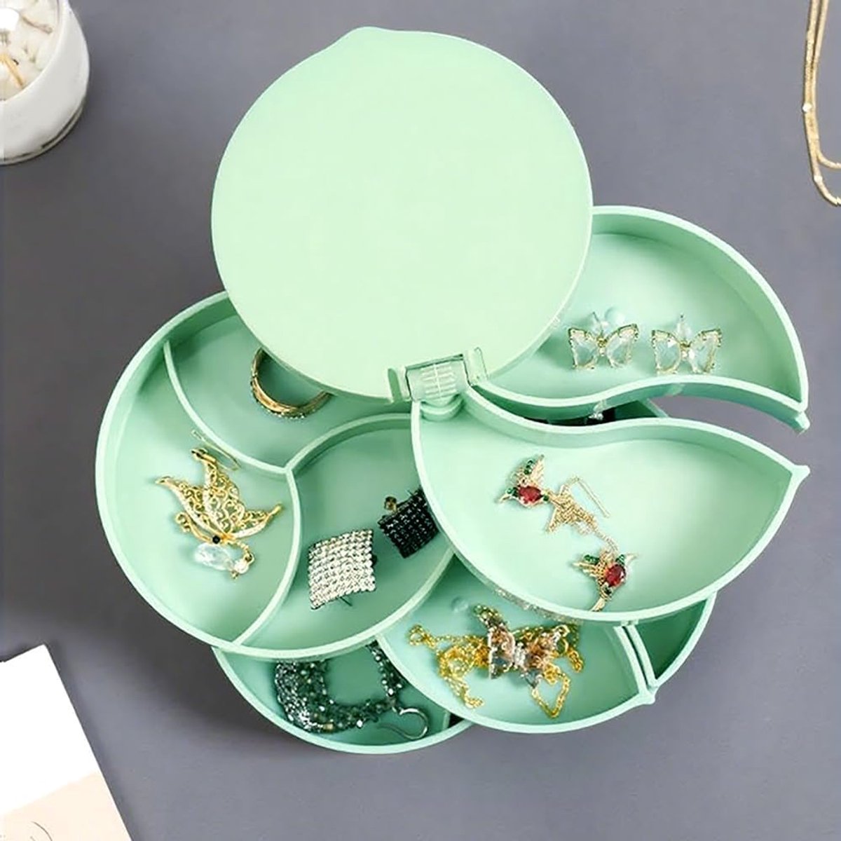 Jewelry Box - Foldable Storage Box - Rotating Jewelry Box with Multiple Layers - Elegant Storage Box for Earrings - Dust-free and Compact - Suitable for Earrings and Jewelry (Vegetable) - Image 3