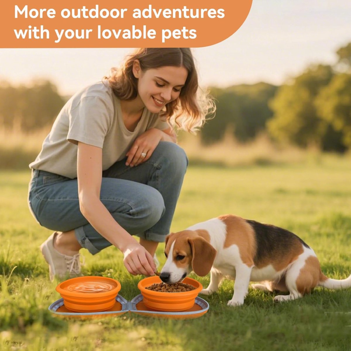 Dog Food Bowl - Foldable Dog Food Bowl - Outdoor Pet Food Bowl - 2-in-1 Dog Food Bowl - with Zippered Storage Bag and Carabiner - Suitable for Travel, Hiking, Camping and Other Activities (Beige) - Image 5