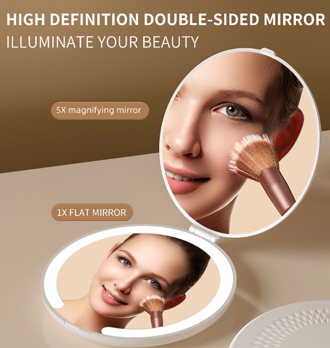 Make up mirror - Mini mirror with light - 1x/5x magnification - 10 cm - Rechargeable - Suitable for wallets, pockets, travel and as a gift (Khaki) - Image 3