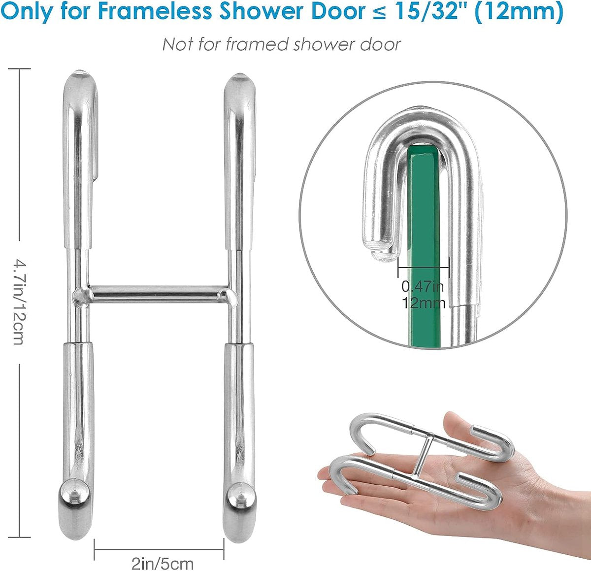 No-Drill Shower Door Hooks - 2-Pack for Rimless Glass Doors - Rubber Scratch Protection - Image 2