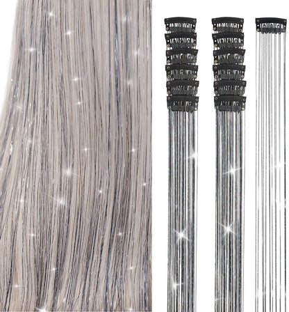 Hair Tinsels - Festival Hair Extensions - Glitter Hair Extensions - 12-Piece Clip-On Hair Accessory Set - 52cm Long Glitter Hair Extensions, for Christmas and New Year, Glitter Hair Extensions, Suitable for Women, Girls and Children (Black)