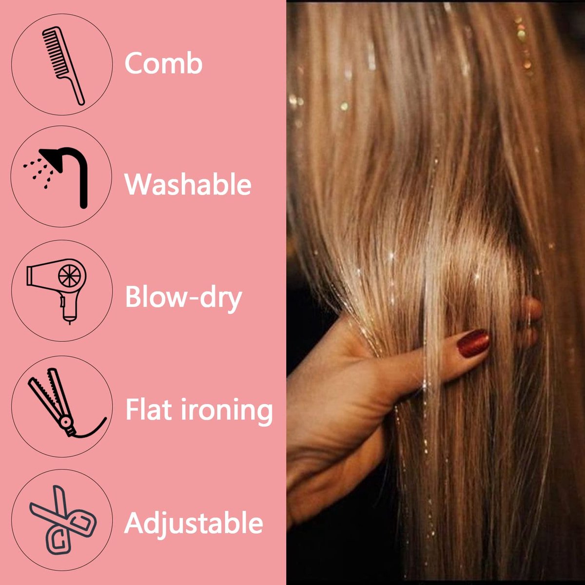 Hair Tinsels - Festival Hair Extensions - Glitter Hair Extensions - 12-Piece Clip-On Hair Accessory Set - 52cm Long Glitter Hair Extensions, for Christmas and New Year, Glitter Hair Extensions, Suitable for Women, Girls and Children (Black) - Image 3