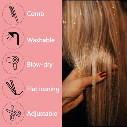 Hair Tinsels - Festival Hair Extensions - Glitter Hair Extensions - 12-Piece Clip-On Hair Accessory Set - 52cm Long Glitter Hair Extensions, for Christmas and New Year, Glitter Hair Extensions, Suitable for Women, Girls and Children (Black) - Image 3