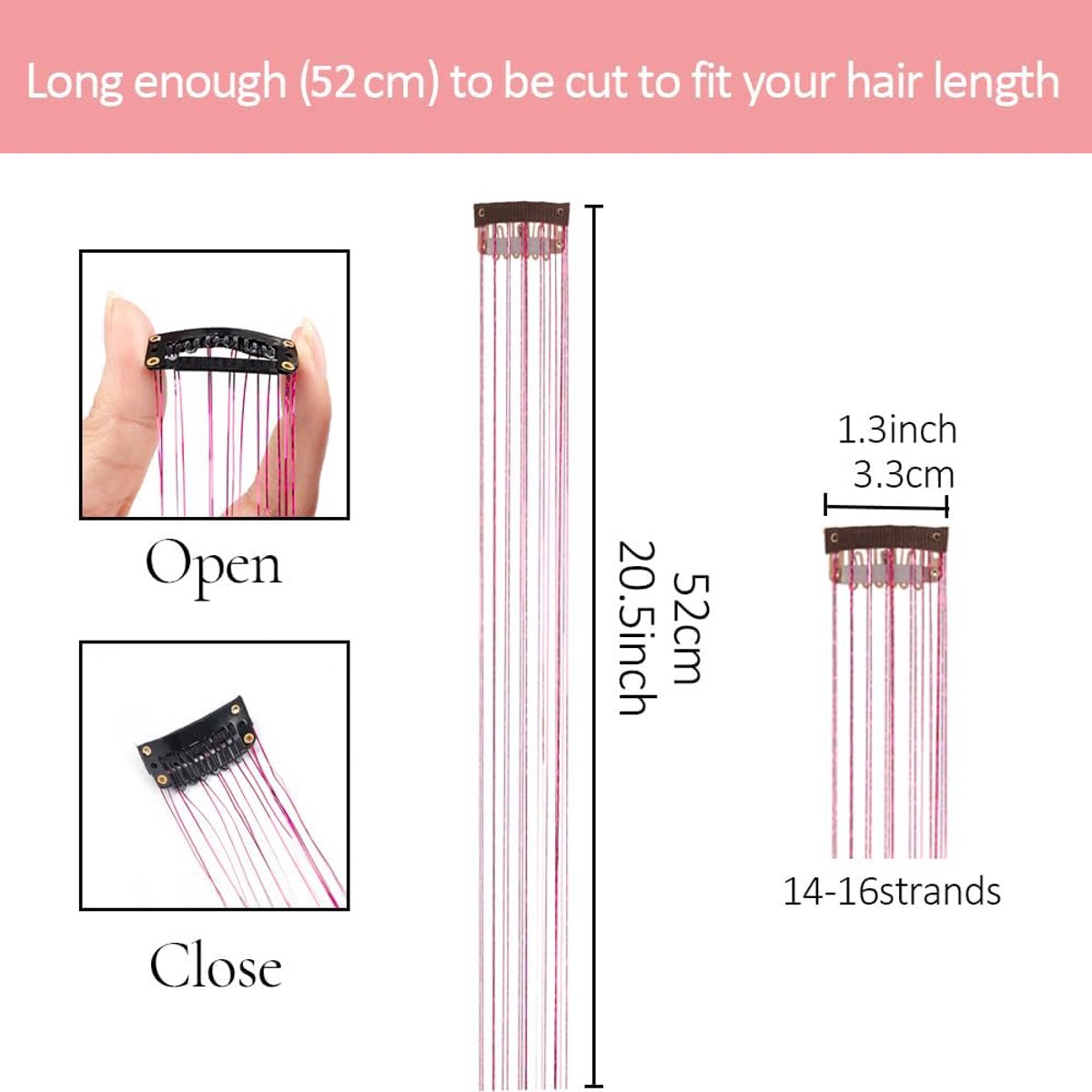 Hair Tinsels - Festival Hair Extensions - Glitter Hair Extensions - 12-Piece Clip-On Hair Accessory Set - 52cm Long Glitter Hair Extensions, for Christmas and New Year, Glitter Hair Extensions, Suitable for Women, Girls and Children (Black) - Image 5
