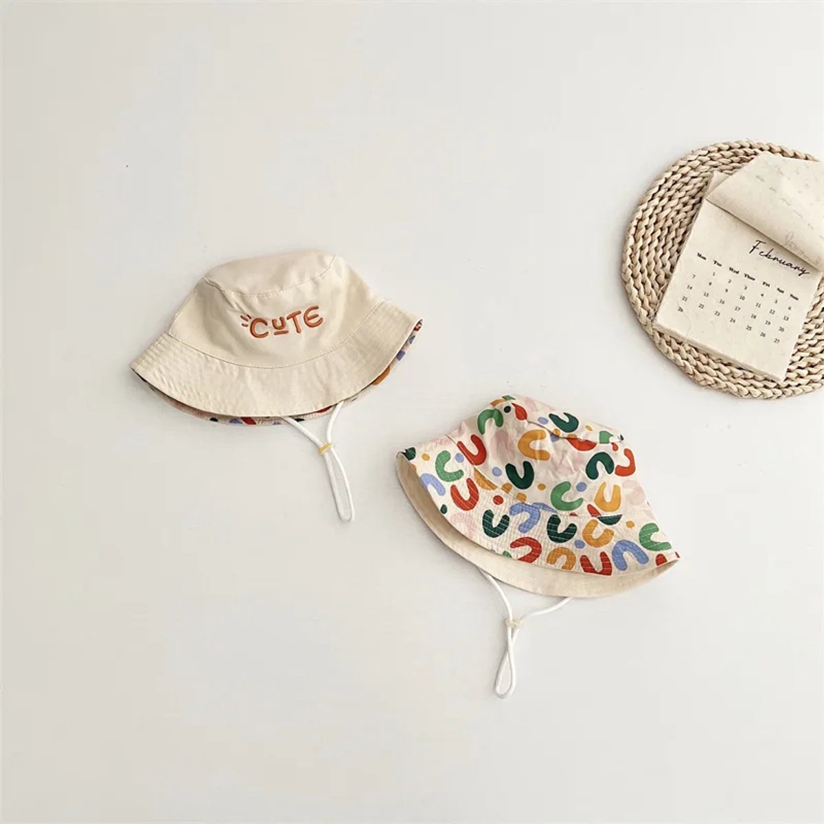 Baby Hat - Reversible Summer Hat - Summer Hat with Embroidered Letters - Size 50 - Image 2