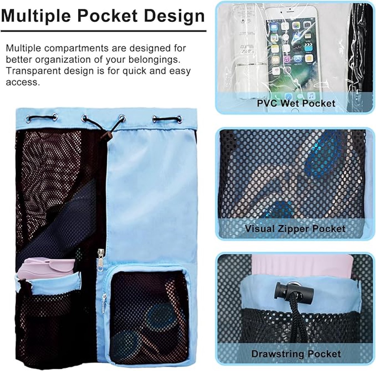 Backpack - Sports Bag - Travel Bag - Training Bag - Swimming Bag - 30*15*45cm - Mesh Material - Drawstring Design - Side Storage Space - Unisex - Suitable for Fitness, Swimming, Travel, Dancing, Camping（Blue） - Image 3
