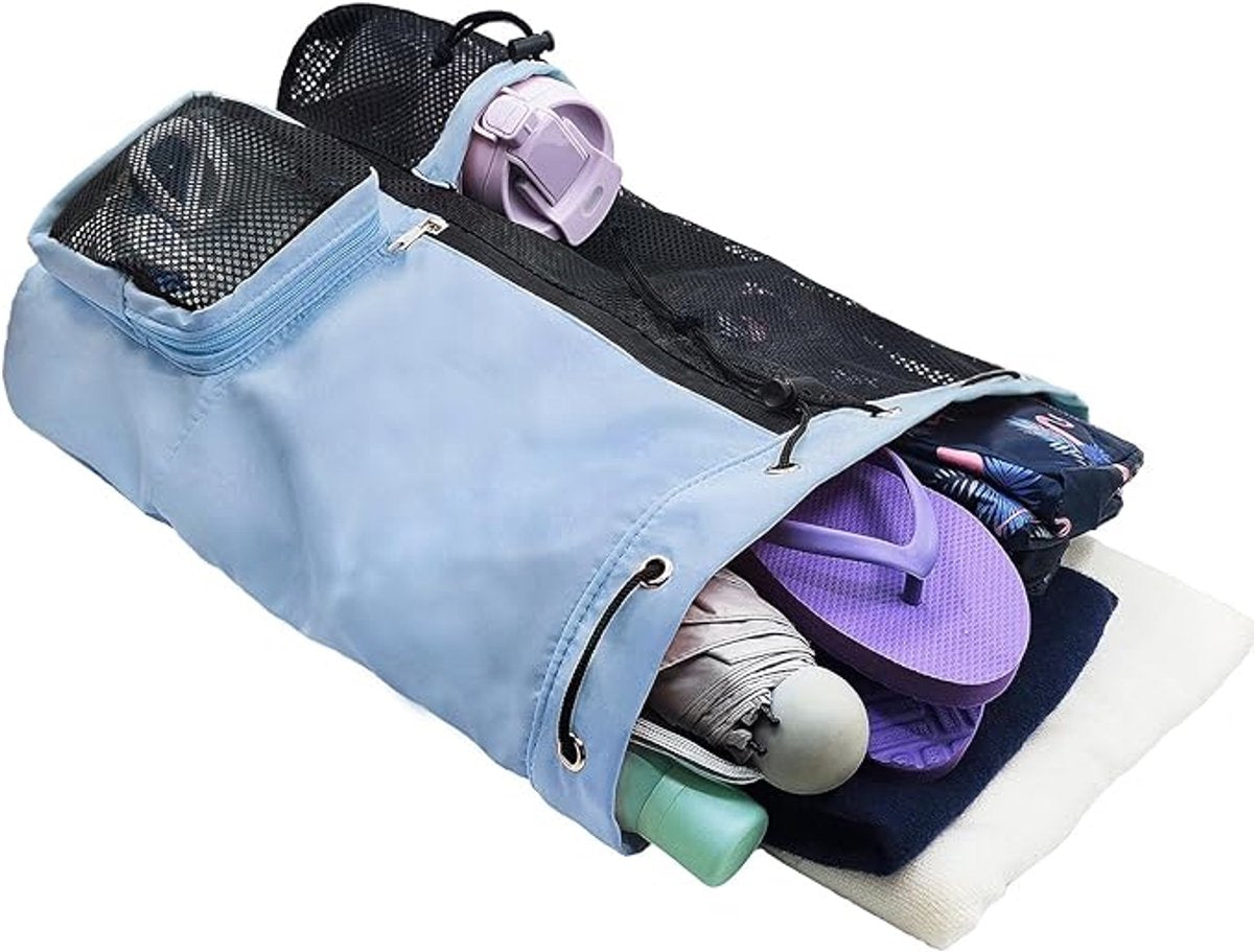 Backpack - Sports Bag - Travel Bag - Training Bag - Swimming Bag - 30*15*45cm - Mesh Material - Drawstring Design - Side Storage Space - Unisex - Suitable for Fitness, Swimming, Travel, Dancing, Camping（Blue） - Image 5