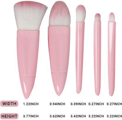 Makeup Brush Set - 5-Pack - Portable - Travel Makeup Brush Set with Mirror Case - Professional Foundation Brush, Eyeshadow Brush, and Blending Brush for Women - Barbie Pink - Image 2