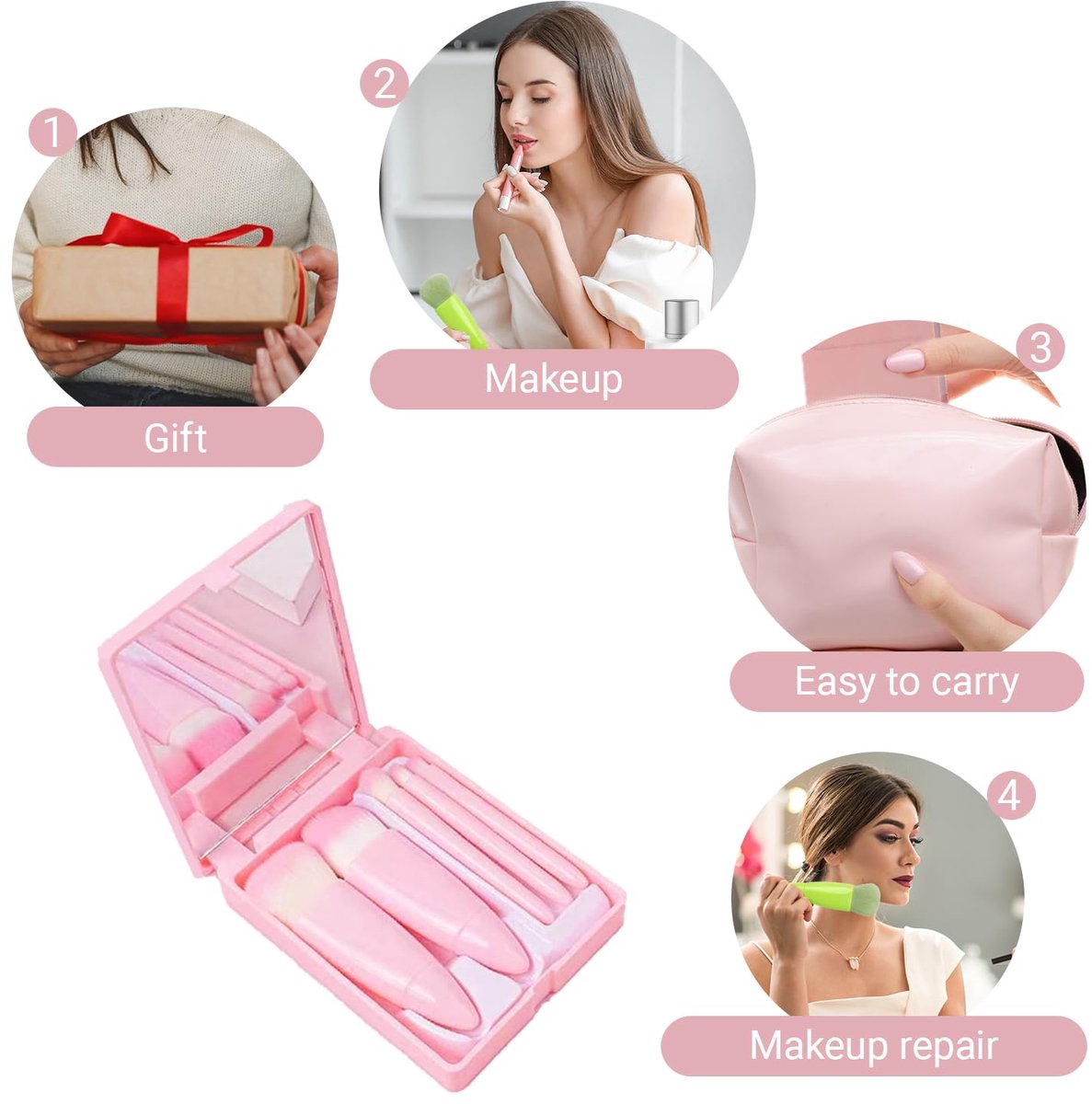 Makeup Brush Set - 5-Pack - Portable - Travel Makeup Brush Set with Mirror Case - Professional Foundation Brush, Eyeshadow Brush, and Blending Brush for Women - Barbie Pink - Image 3